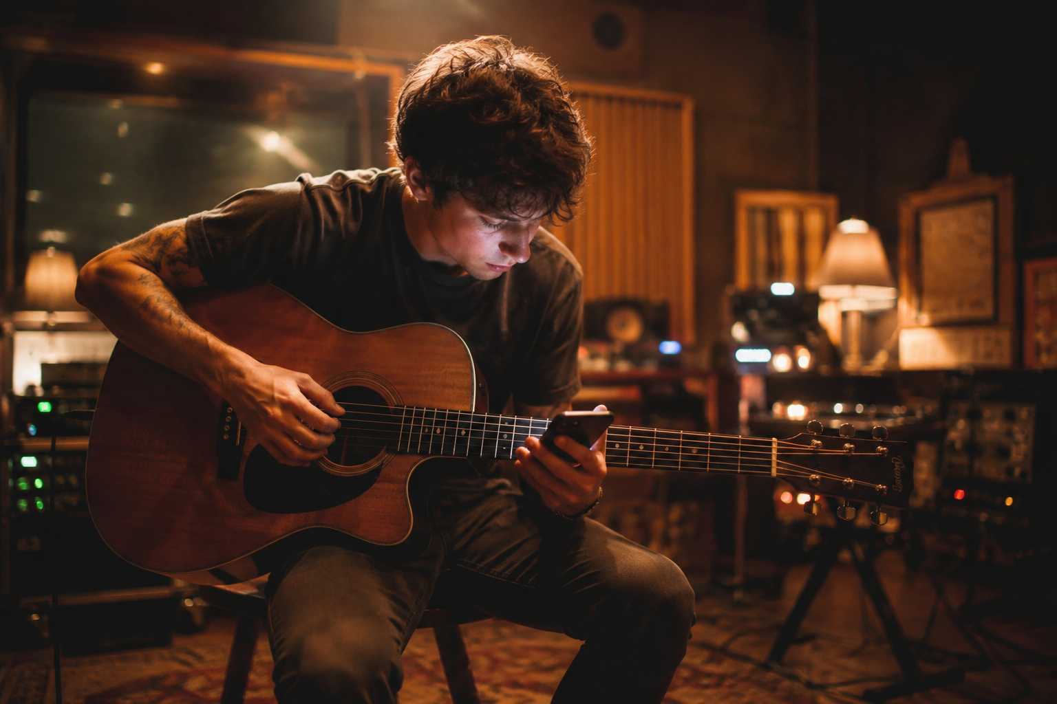 Songwriter using MeloKey on a phone with an acoustic guitar in a warm studio